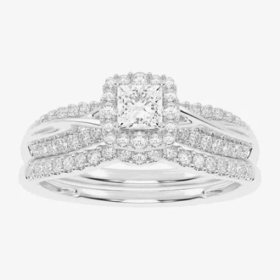 Modern Bride Womens 1/2 Ct. T.w. Natural White Diamond 10k White Gold Cushion Side Stone Halo Bridal Set In Silver