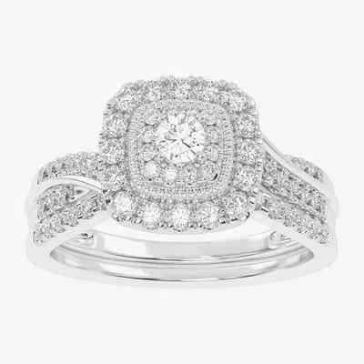 Modern Bride Womens 1/2 Ct. T.w. Natural White Diamond 10k White Gold Cushion Side Stone Halo Bridal Set In Silver