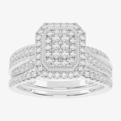 Modern Bride Womens 1/2 Ct. T.w. Natural White Diamond 10k White Gold Cushion Side Stone Halo Bridal Set In Silver