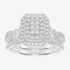 Modern Bride Womens 1/2 Ct. T.w. Natural White Diamond 10k White Gold Cushion Side Stone Halo Bridal Set In Silver