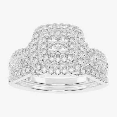 Modern Bride Womens 1/2 Ct. T.w. Natural White Diamond 10k White Gold Cushion Side Stone Halo Bridal Set In Silver