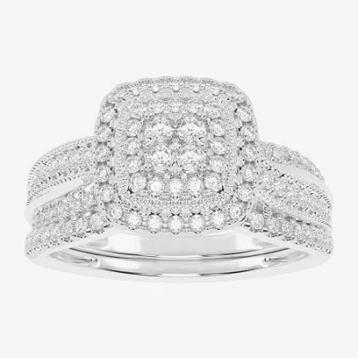 Modern Bride Womens 1/2 Ct. T.w. Natural White Diamond 10k White Gold Cushion Side Stone Halo Bridal Set In Silver