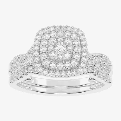Modern Bride Womens 1/2 Ct. T.w. Natural White Diamond 10k White Gold Cushion Side Stone Halo Bridal Set In Silver