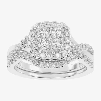 Modern Bride Womens 1/2 Ct. T.w. Natural White Diamond 10k White Gold Cushion Side Stone Halo Bridal Set In Silver