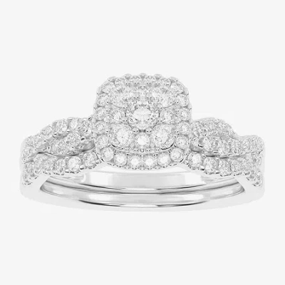 Modern Bride Womens 1/2 Ct. T.w. Natural White Diamond 10k White Gold Cushion Side Stone Halo Bridal Set In Silver