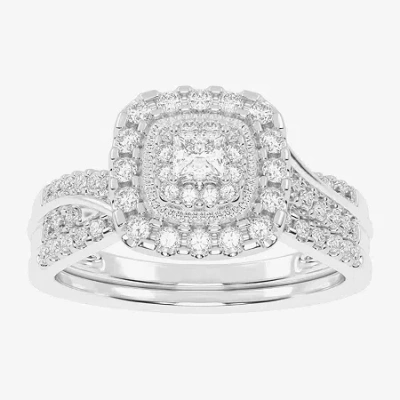 Modern Bride Womens 1/2 Ct. T.w. Natural White Diamond 10k White Gold Cushion Side Stone Halo Bridal Set In Silver