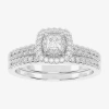 Modern Bride Womens 1/2 Ct. T.w. Natural White Diamond 10k White Gold Cushion Side Stone Halo Bridal Set In Silver