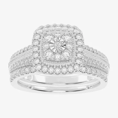 Modern Bride Womens 1/2 Ct. T.w. Natural White Diamond 10k White Gold Cushion Side Stone Halo Bridal Set In Silver