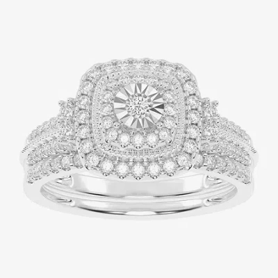 Modern Bride Womens 1/2 Ct. T.w. Natural White Diamond 10k White Gold Cushion Side Stone Halo Bridal Set In Silver