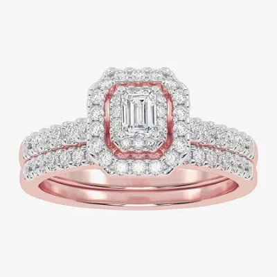Modern Bride Womens 1/2 Ct. T.w. Natural White Diamond 10k White Gold Cushion Side Stone Halo Bridal Set In Pink