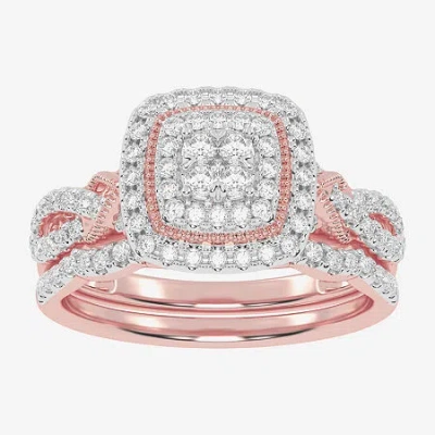 Modern Bride Womens 1/2 Ct. T.w. Natural White Diamond 10k White Gold Cushion Side Stone Halo Bridal Set In Metallic