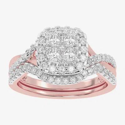 Modern Bride Womens 1/2 Ct. T.w. Natural White Diamond 10k White Gold Cushion Side Stone Halo Bridal Set In Metallic