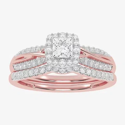 Modern Bride Womens 1/2 Ct. T.w. Natural White Diamond 10k White Gold Cushion Side Stone Halo Bridal Set In Pink