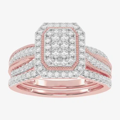 Modern Bride Womens 1/2 Ct. T.w. Natural White Diamond 10k White Gold Cushion Side Stone Halo Bridal Set In Pink