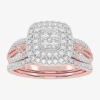 Modern Bride Womens 1/2 Ct. T.w. Natural White Diamond 10k White Gold Cushion Side Stone Halo Bridal Set In Pink