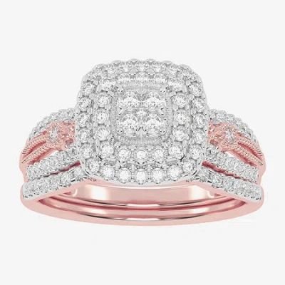 Modern Bride Womens 1/2 Ct. T.w. Natural White Diamond 10k White Gold Cushion Side Stone Halo Bridal Set In Pink