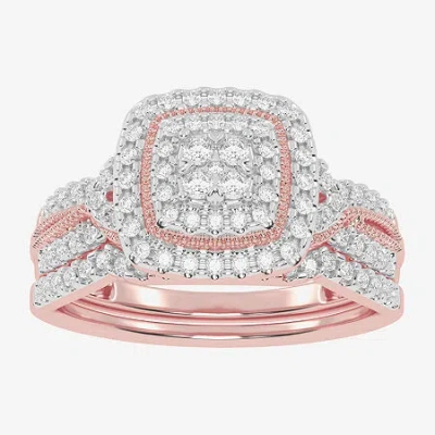 Modern Bride Womens 1/2 Ct. T.w. Natural White Diamond 10k White Gold Cushion Side Stone Halo Bridal Set In Pink