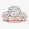 Modern Bride Womens 1/2 Ct. T.w. Natural White Diamond 10k White Gold Cushion Side Stone Halo Bridal Set In Pink