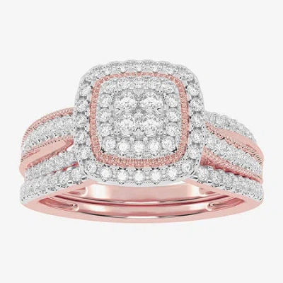 Modern Bride Womens 1/2 Ct. T.w. Natural White Diamond 10k White Gold Cushion Side Stone Halo Bridal Set In Pink