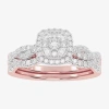 Modern Bride Womens 1/2 Ct. T.w. Natural White Diamond 10k White Gold Cushion Side Stone Halo Bridal Set In Pink