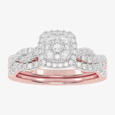 Modern Bride Womens 1/2 Ct. T.w. Natural White Diamond 10k White Gold Cushion Side Stone Halo Bridal Set In Pink