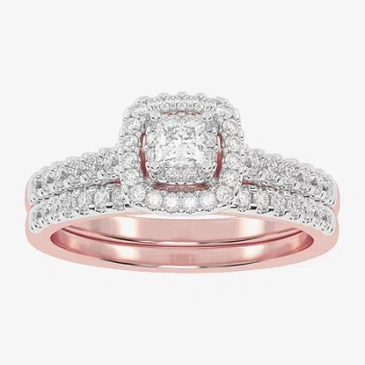 Modern Bride Womens 1/2 Ct. T.w. Natural White Diamond 10k White Gold Cushion Side Stone Halo Bridal Set In Pink
