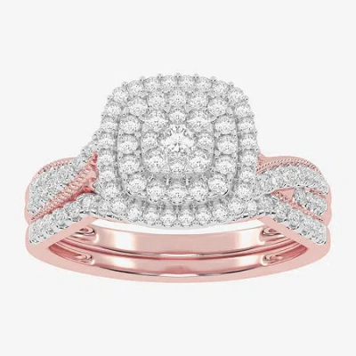 Modern Bride Womens 1/2 Ct. T.w. Natural White Diamond 10k White Gold Cushion Side Stone Halo Bridal Set In Pink