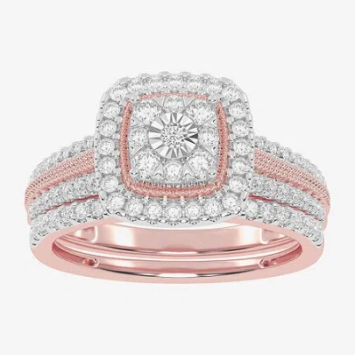 Modern Bride Womens 1/2 Ct. T.w. Natural White Diamond 10k White Gold Cushion Side Stone Halo Bridal Set In Pink