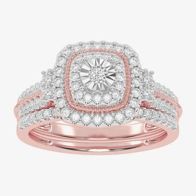 Modern Bride Womens 1/2 Ct. T.w. Natural White Diamond 10k White Gold Cushion Side Stone Halo Bridal Set In Pink