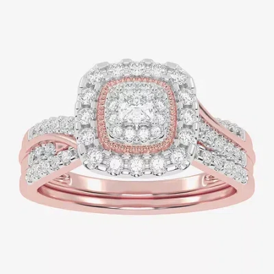 Modern Bride Womens 1/2 Ct. T.w. Natural White Diamond 10k White Gold Cushion Side Stone Halo Bridal Set In Pink