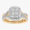 Modern Bride Womens 1/2 Ct. T.w. Natural White Diamond 10k White Gold Cushion Side Stone Halo Bridal Set In Gold