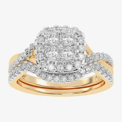 Modern Bride Womens 1/2 Ct. T.w. Natural White Diamond 10k White Gold Cushion Side Stone Halo Bridal Set In Yellow