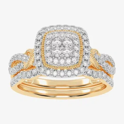 Modern Bride Womens 1/2 Ct. T.w. Natural White Diamond 10k White Gold Cushion Side Stone Halo Bridal Set