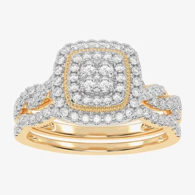 Modern Bride Womens 1/2 Ct. T.w. Natural White Diamond 10k White Gold Cushion Side Stone Halo Bridal Set