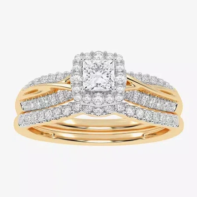 Modern Bride Womens 1/2 Ct. T.w. Natural White Diamond 10k White Gold Cushion Side Stone Halo Bridal Set