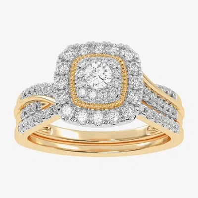 Modern Bride Womens 1/2 Ct. T.w. Natural White Diamond 10k White Gold Cushion Side Stone Halo Bridal Set