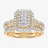 Modern Bride Womens 1/2 Ct. T.w. Natural White Diamond 10k White Gold Cushion Side Stone Halo Bridal Set In Gold