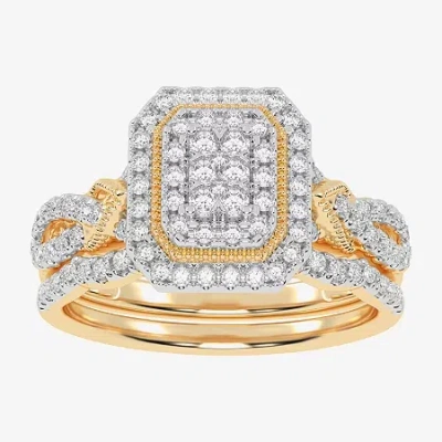 Modern Bride Womens 1/2 Ct. T.w. Natural White Diamond 10k White Gold Cushion Side Stone Halo Bridal Set In Yellow