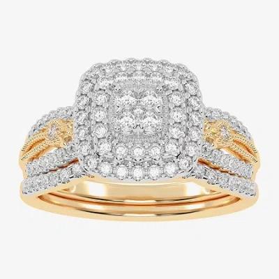 Modern Bride Womens 1/2 Ct. T.w. Natural White Diamond 10k White Gold Cushion Side Stone Halo Bridal Set