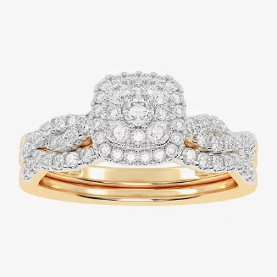 Modern Bride Womens 1/2 Ct. T.w. Natural White Diamond 10k White Gold Cushion Side Stone Halo Bridal Set