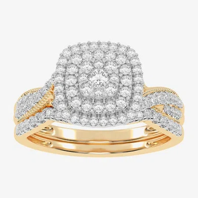 Modern Bride Womens 1/2 Ct. T.w. Natural White Diamond 10k White Gold Cushion Side Stone Halo Bridal Set