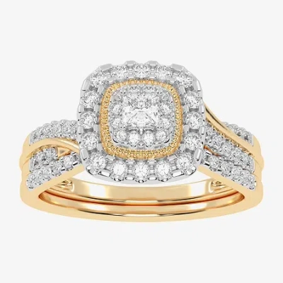 Modern Bride Womens 1/2 Ct. T.w. Natural White Diamond 10k White Gold Cushion Side Stone Halo Bridal Set