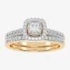Modern Bride Womens 1/2 Ct. T.w. Natural White Diamond 10k White Gold Cushion Side Stone Halo Bridal Set In Yellow