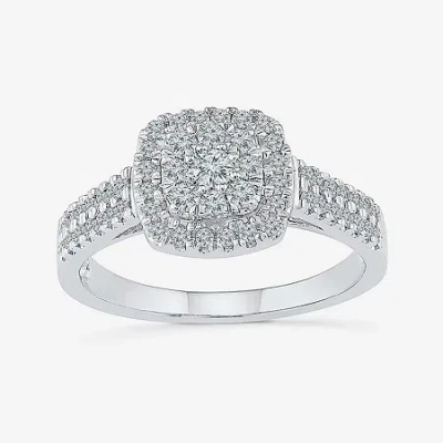 Modern Bride Womens 1/2 Ct. T.w. Natural White Diamond 10k White Gold Cushion Side Stone Halo Engagement Ring