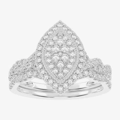 Modern Bride Womens 1/2 Ct. T.w. Natural White Diamond 10k White Gold Marquise Side Stone Halo Bridal Set In Silver