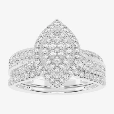 Modern Bride Womens 1/2 Ct. T.w. Natural White Diamond 10k White Gold Marquise Side Stone Halo Bridal Set In Silver