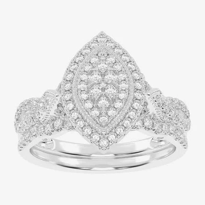 Modern Bride Womens 1/2 Ct. T.w. Natural White Diamond 10k White Gold Marquise Side Stone Halo Bridal Set In Silver