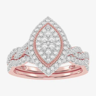 Modern Bride Womens 1/2 Ct. T.w. Natural White Diamond 10k White Gold Marquise Side Stone Halo Bridal Set In Pink