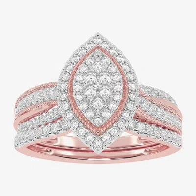 Modern Bride Womens 1/2 Ct. T.w. Natural White Diamond 10k White Gold Marquise Side Stone Halo Bridal Set In Metallic