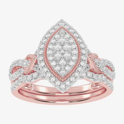 Modern Bride Womens 1/2 Ct. T.w. Natural White Diamond 10k White Gold Marquise Side Stone Halo Bridal Set In Pink